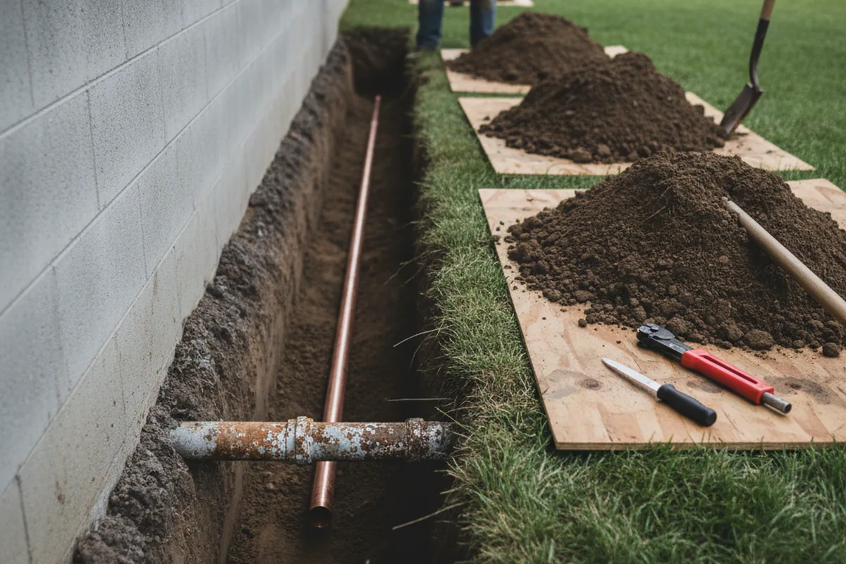 Excavated water line trench during Water Softener Installation in Dennysville